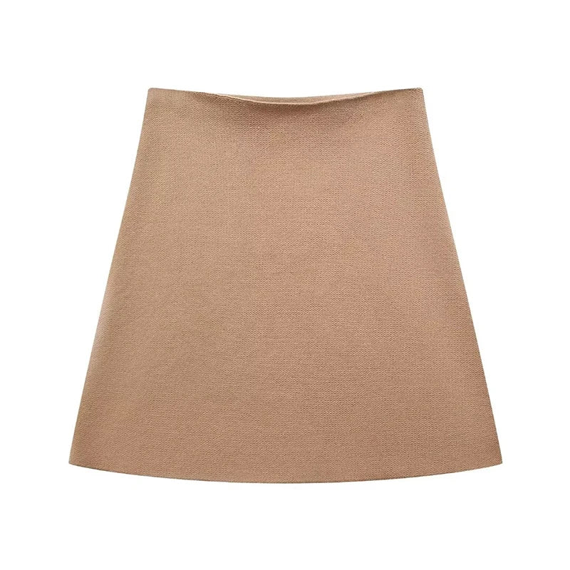 TRAF Spring Women's Suits Solid Grey V-Neck Long Sleeves Cardigan Coat +High Waist Knitted Mini Skirts Female 2 Pieces Sets brown skirt