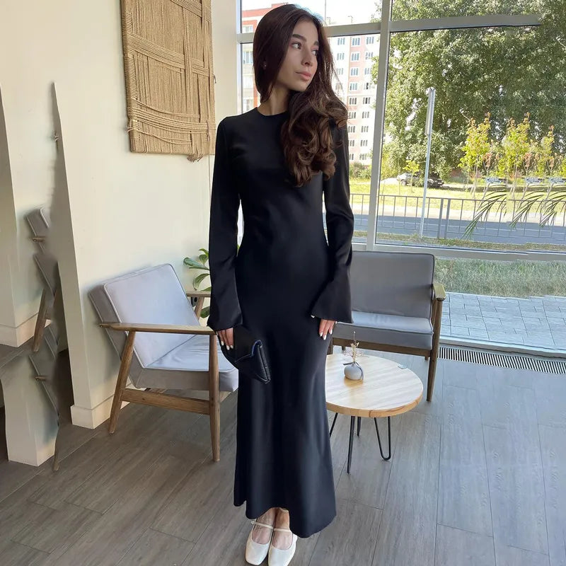 Satin Fashion Slim Maxi Dress For Women Long Sleeve High Waist Elegant Solid Party Dress Casual Luxury Ladies Autumn Dress Black