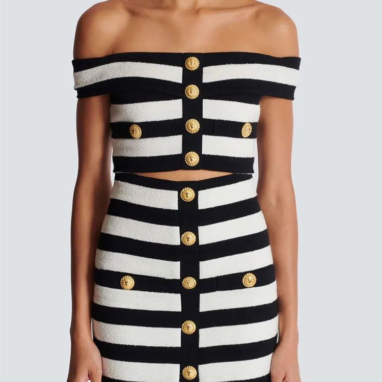 Women Celebrity Sexy Off Shoulder Striped Button Black White Bandage Skirt Set 2024 Knitted Elegant Evening Club Party Clothing