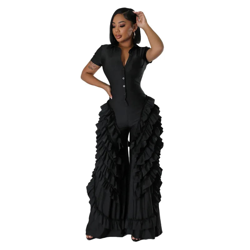 Fashion Women Mult Ruffles Short Sleeve Zipper Fly Wide Leg Shirt Jumpsuit 2024 Streetwear Romper One Piece Set Playsuit black