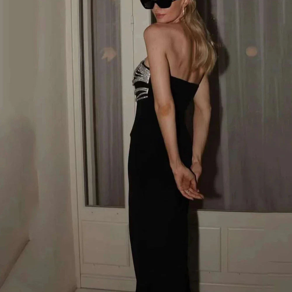 Women Celebrity Sexy Strapless Backless Diamonds Black Maxi Long Bodycon Bandage Dress Elegant Evening Club Party Dress