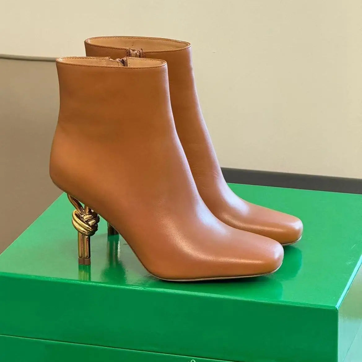 Women Metal Knot Shaped Heel Boots High Heel Ankle Nude Boots Elegant Office Side Zip Square Toe Heels Boots