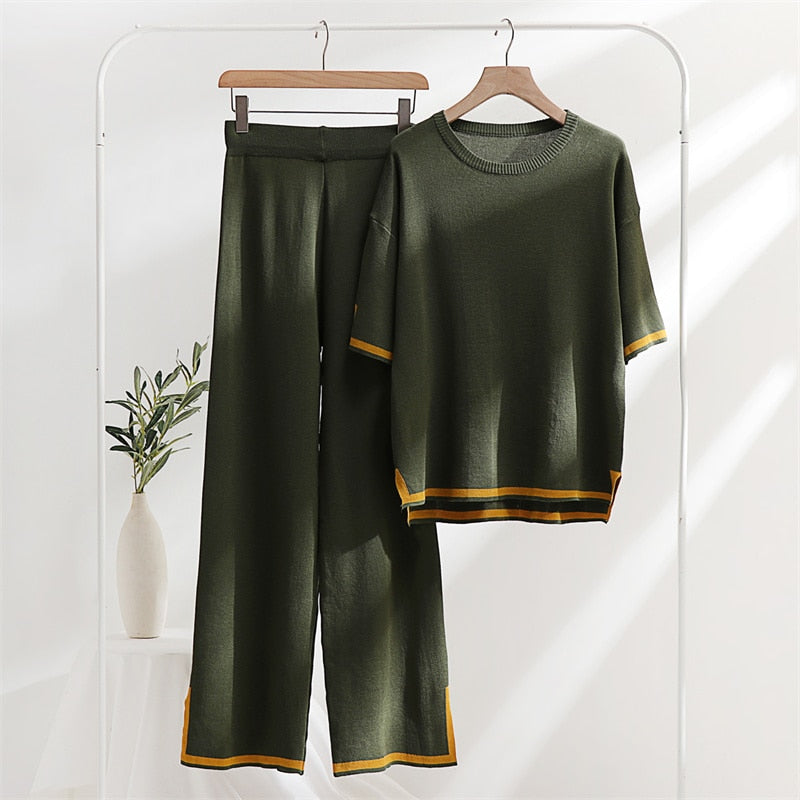 Two Piece Set Elegant Pants Sets Ice Knitted Summer Outfits For Women 2024 Short Sleeve Pajama Suit