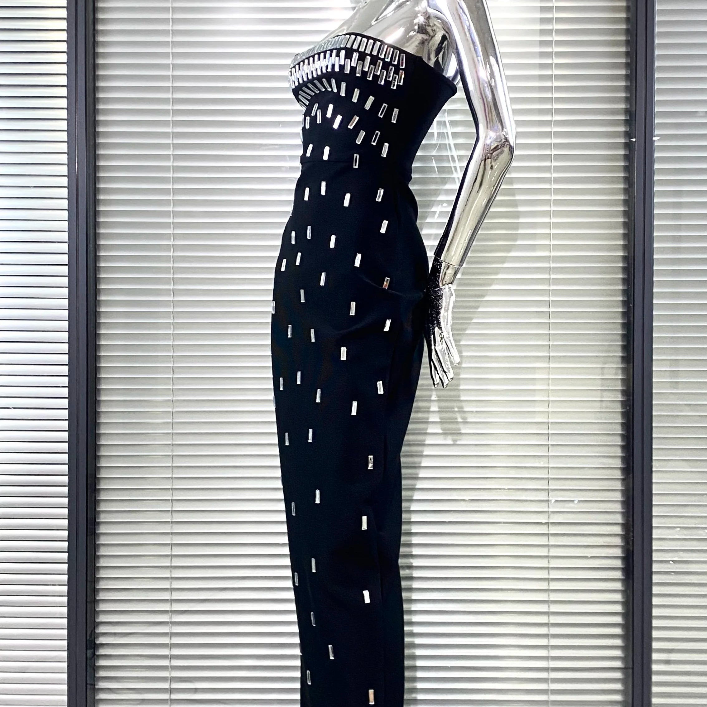 2025 Sparkling Diamonds Fashion Woman Party Dress Strapless Black Bandage Ankle Length Dress Celebrity Birthday Party Outfit