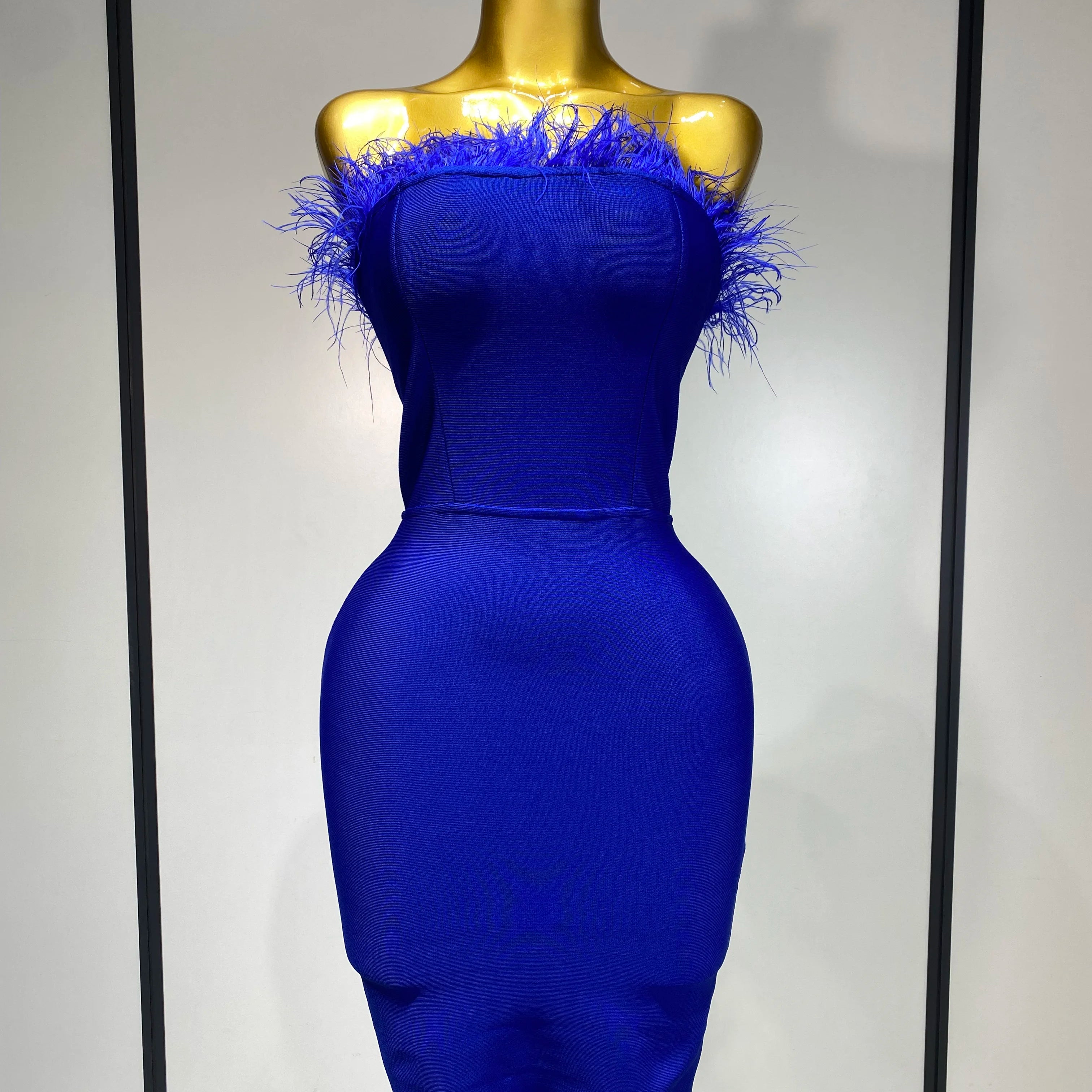 Women Sexy Backless Yellow Bodycon Bandage Dress Strapless Celebirty Elegant Feather Dresses Luxury Birthday Club Party Outfit Blue