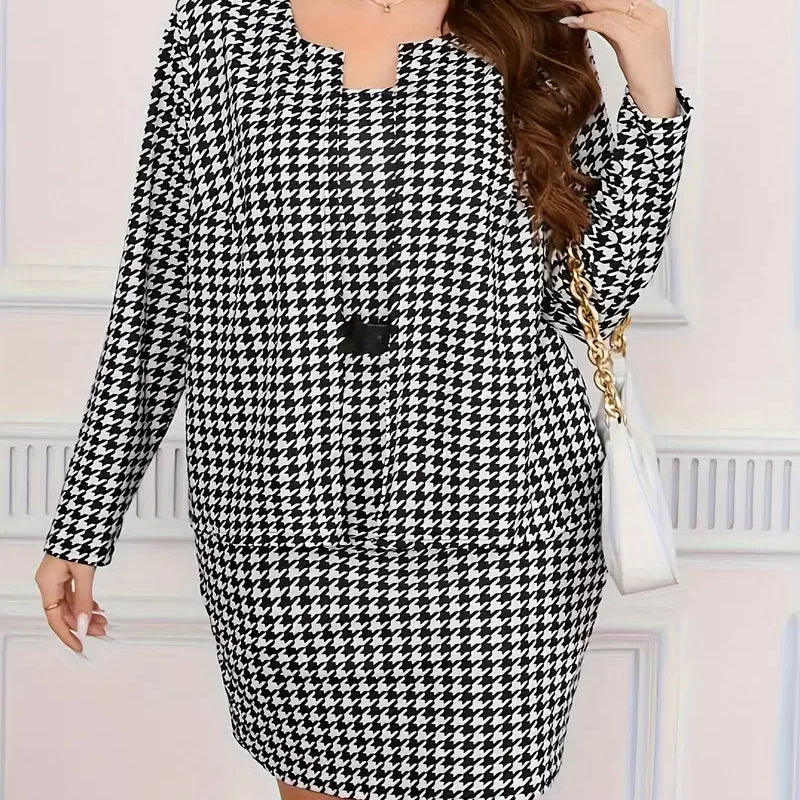 Plus Size Houndstooth Plaid Autumn 2 Two Piece Set Women Long Sleeve Ladies Cropped Coats Sleeveless Slip Modis Woman Mini Dress black