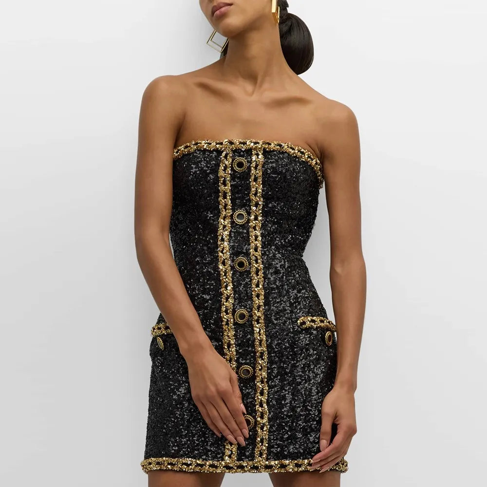 Hit Color Sexy Dresses For Women Strapless Sleeveless High Waist Slimming Patchwork Button Dress Female Fashion New BLACK