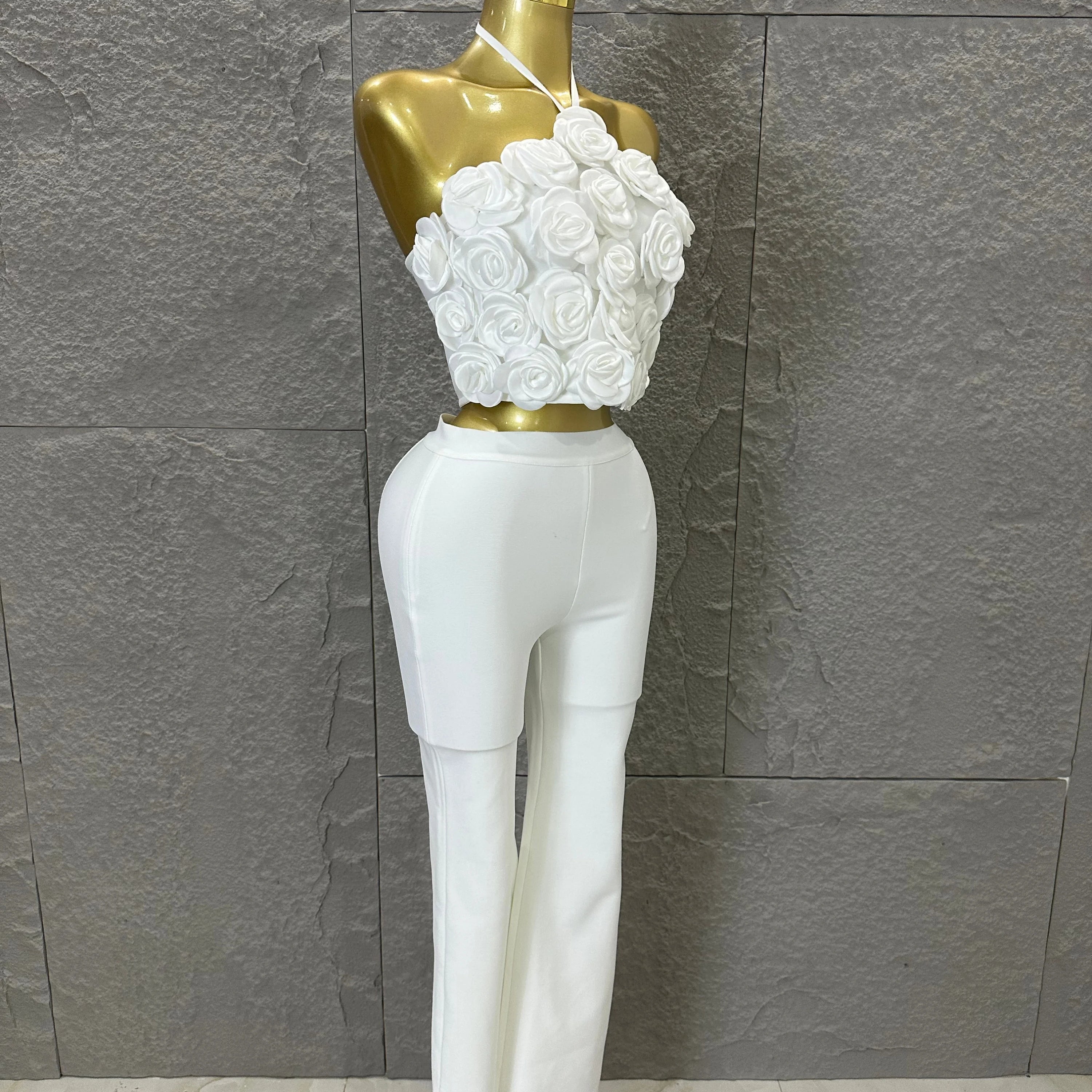 Elegant Two Piece Set Women Halter 3D Flower Crop Top High Waist Flare Pants Bandage Suit Party Casual Formal Wear