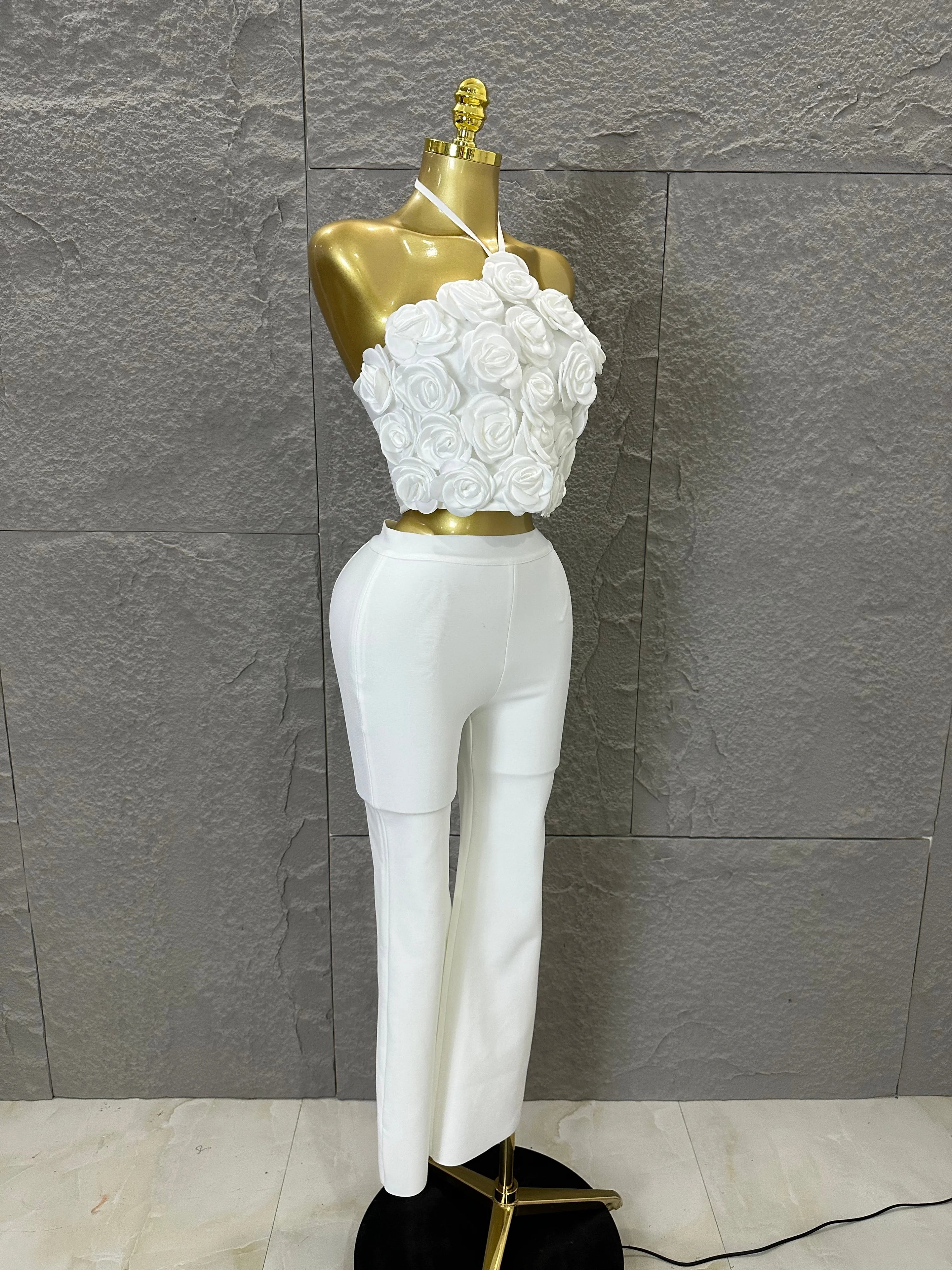 Elegant Two Piece Set Women Halter 3D Flower Crop Top High Waist Flare Pants Bandage Suit Party Casual Formal Wear