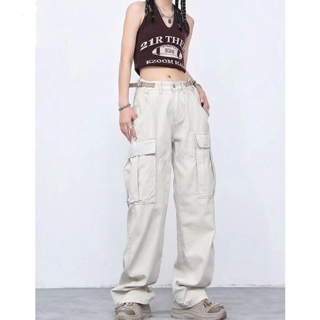 Pocket Solid Color Overalls Jeans Women's Y2K Street Retro Loose Wide-Leg Overalls Couple Casual Joker Mopping Jeans Pants Women 1 4