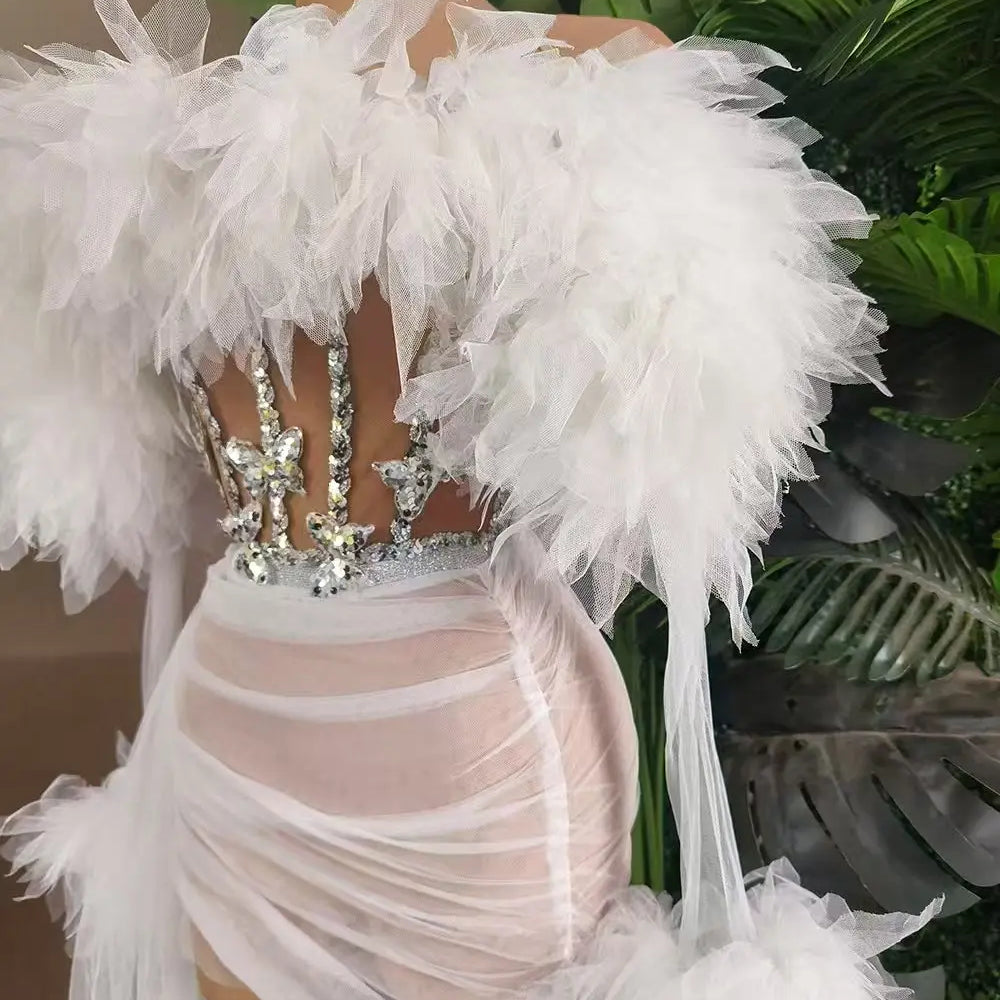 White Purple Women Sexy Strapless Mesh Ruffles 2 Pieces Bodycon Mini Dress See Through Celebrate Nightclub Party Birthday Wear