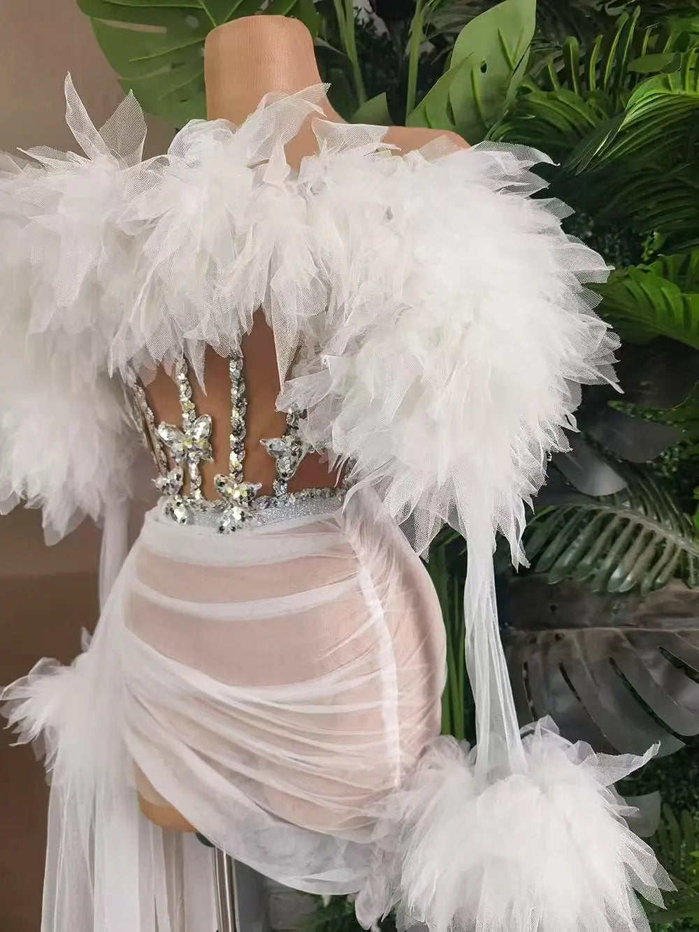 White Purple Women Sexy Strapless Mesh Ruffles 2 Pieces Bodycon Mini Dress See Through Celebrate Nightclub Party Birthday Wear