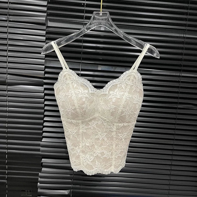 Autumn Winter New Fashion Lace Padded Integrated Camisole For Women Slim Fit Backless Inner Layer Base Vest 11A07887 White