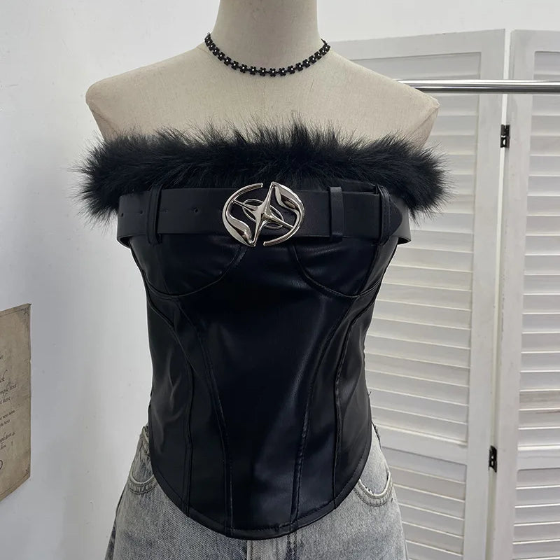 Winter New Fashion Furry Patchwork PU Leather Belt Tank Top Vest For Women Chest Pads Backless Short Tops 11A07915 Black One Size