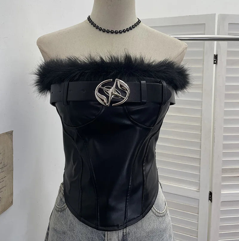 Winter New Fashion Furry Patchwork PU Leather Belt Tank Top Vest For Women Chest Pads Backless Short Tops 11A07915 Black One Size