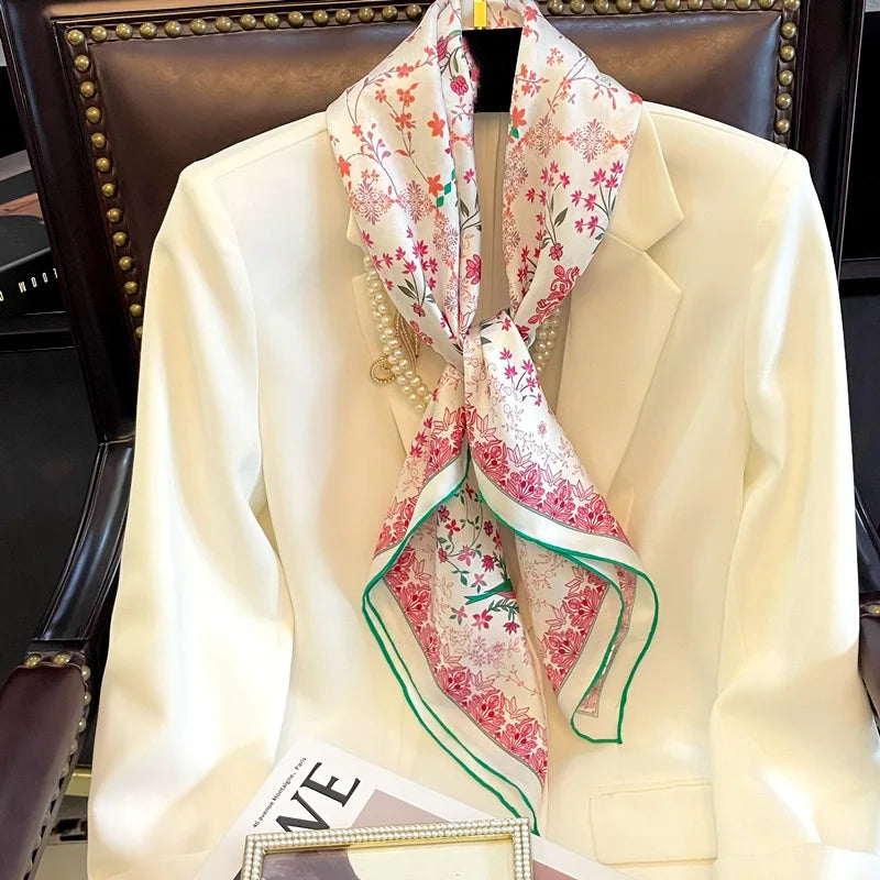 Floral Print 100% Silk Head Scarf Hijab for Hair Wrapping Womens Square 90 Silk Shawl Cape White Pink