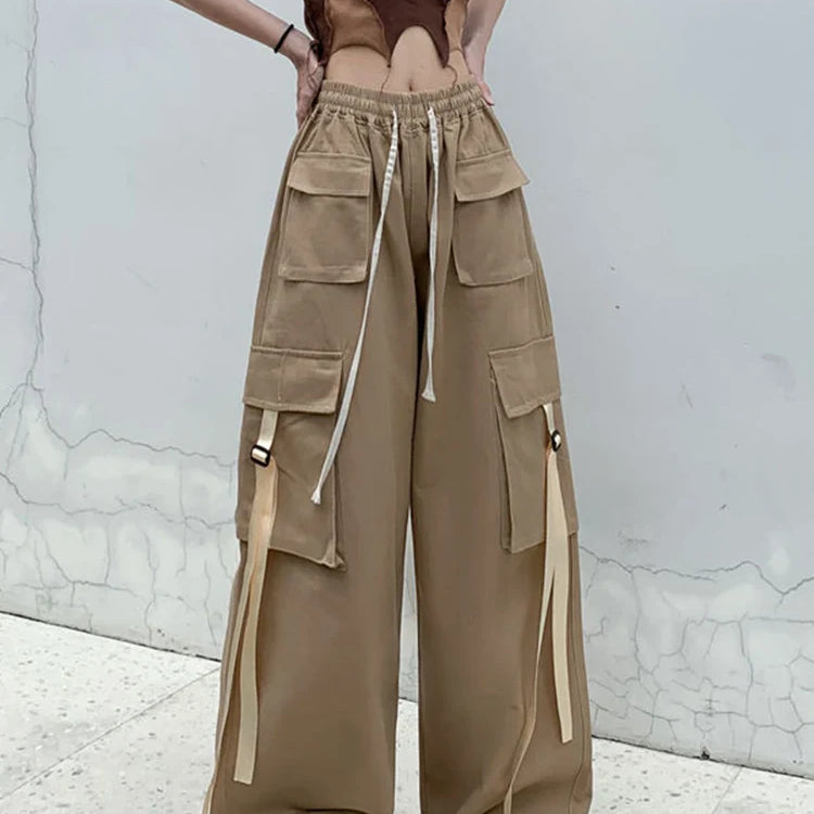 Zoki Pure Cotton Harajuku Cargo Pants Women Vintage Streetwear Oversize Bf Trousers Retro Pockets Casual Hip Hop Straight Pants Khaki