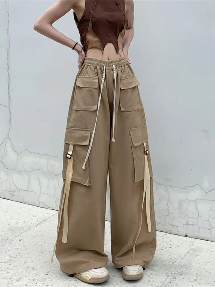 Zoki Pure Cotton Harajuku Cargo Pants Women Vintage Streetwear Oversize Bf Trousers Retro Pockets Casual Hip Hop Straight Pants Khaki