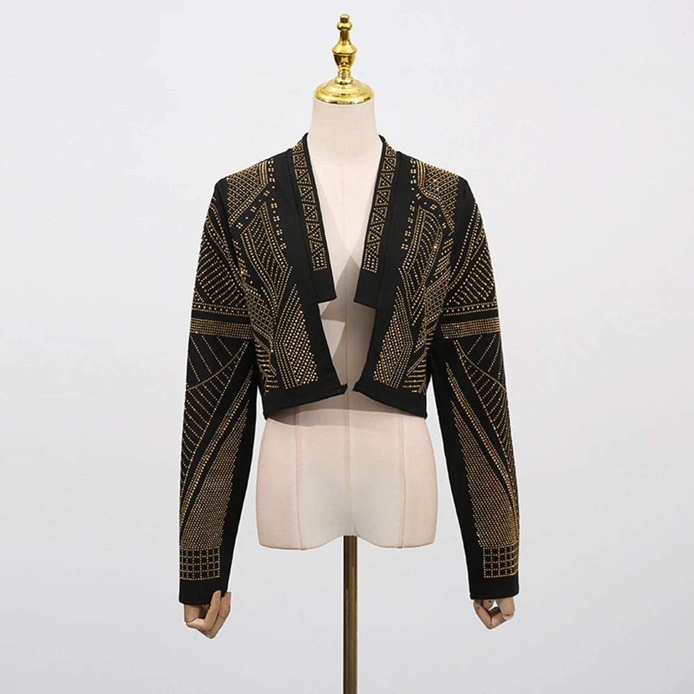 Hit Color Spliced Stick Drill Casual Jackets for Women Open Stitch Long Sleeves Short Jacket Female Clothing New GOLD