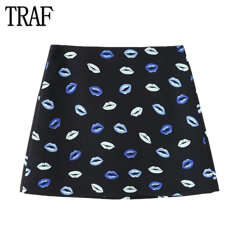 TRAF Print Mini Skirts for Women High Waist Pleated Skirt Women Contrast Short Women's Skirts Streetwear Retro Skort Women