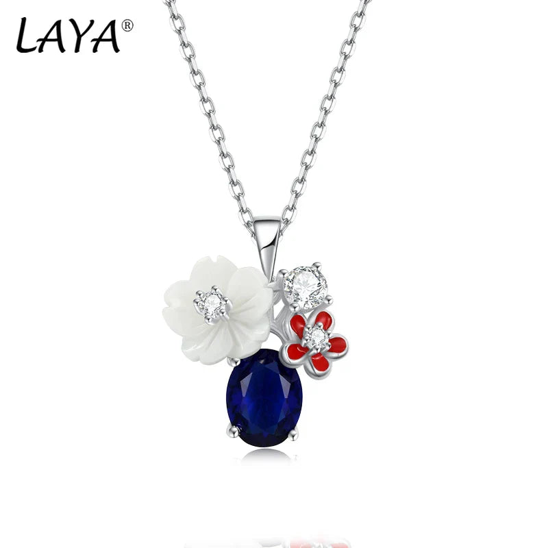 LAYA Necklace For Women White Shell Flower Shining Zircon Handmade Enamel 925 Sterling Silver Engagement Wedding Party Jewelry