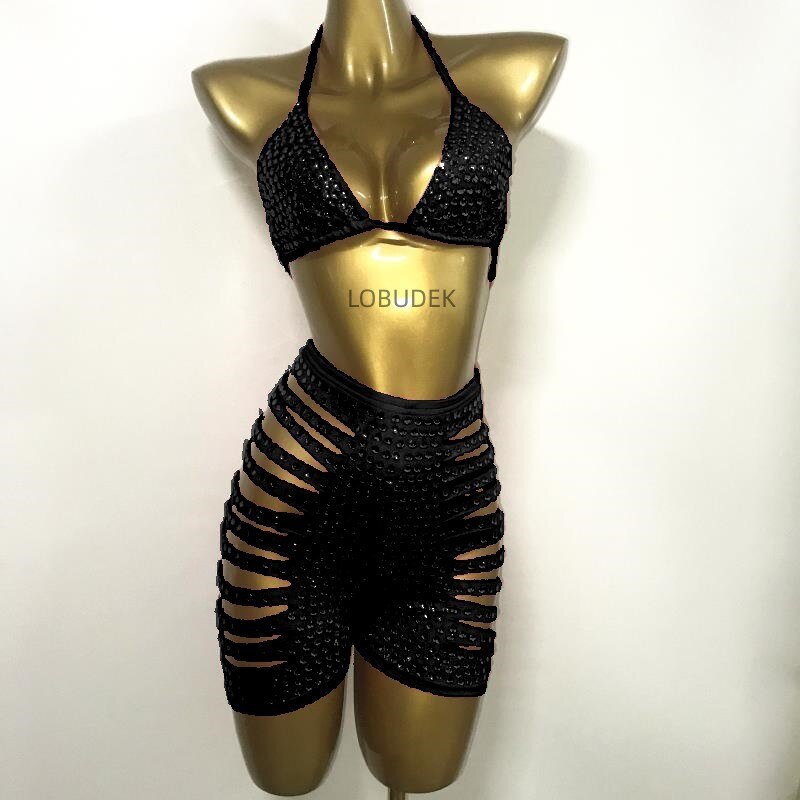 Shining Rhinestones Bra Hole Hollow Shorts Set Women Pink Crystal Bikini High Waist Pants Outfits Birthday Party Singer Costume