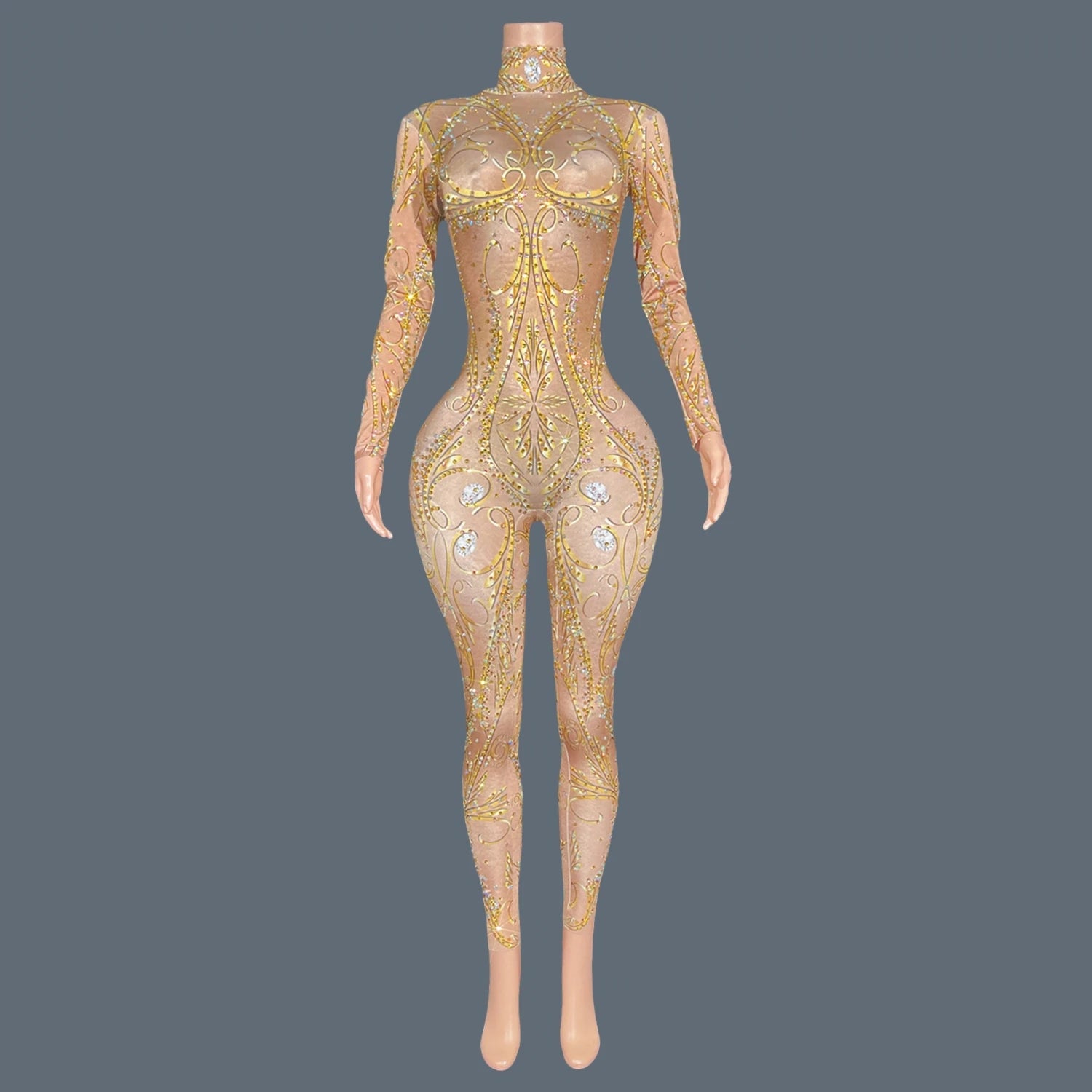 GOLD Rhinestones Spandex Bodycon Long Sleeved Jumpsuit Birthday Party Celebrate Bars Show Wear Women Dance Leggings Jinfenghuang Gold