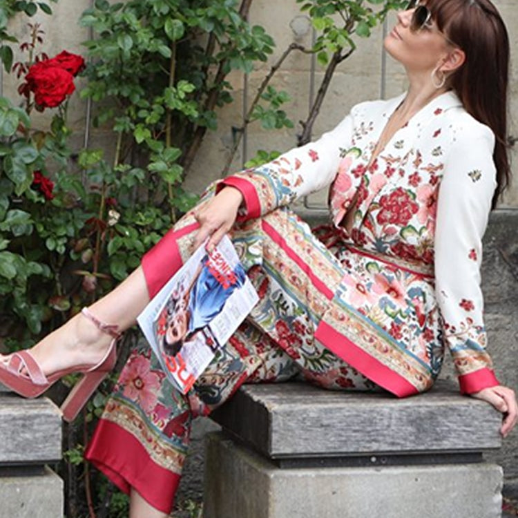 Retro Flower Printed Blazer Suits For Women Spring OL Casual Long Sleeve Jacket Wide-Leg Pants Female Trendy 2 Piece Sets Outfit