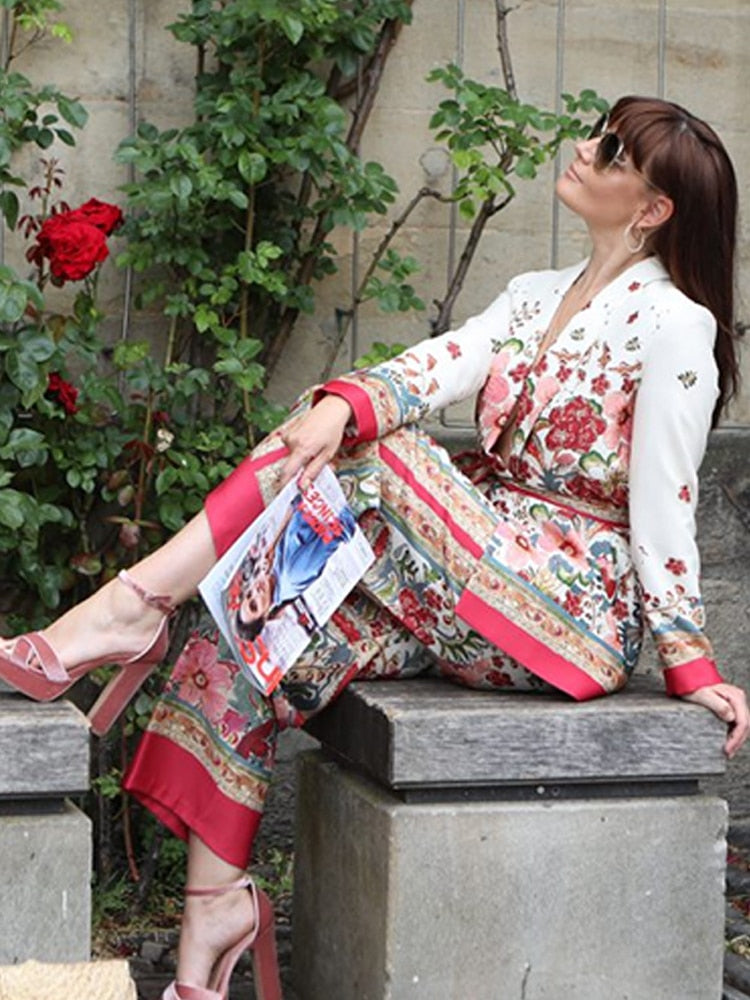 Retro Flower Printed Blazer Suits For Women Spring OL Casual Long Sleeve Jacket Wide-Leg Pants Female Trendy 2 Piece Sets Outfit