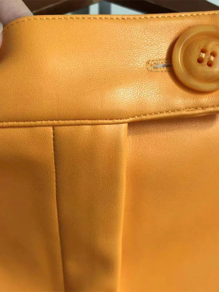 DEAT Fast Delivery New Fashion Korean Female PU Leather Mid-calf Length Spit Sexy High Waist Skirt AY095