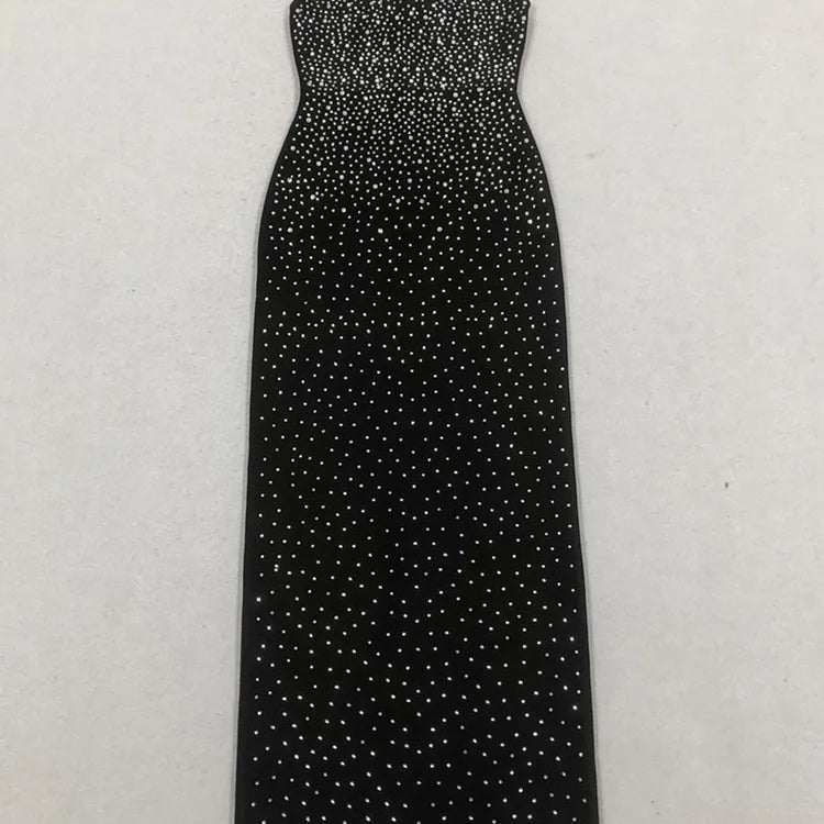 New Women Sexy V Neck Diamonds Beading Black Maxi Long Celebrity Bodycon Bandage Dress 2025 Elegant Evening Club Party Dress