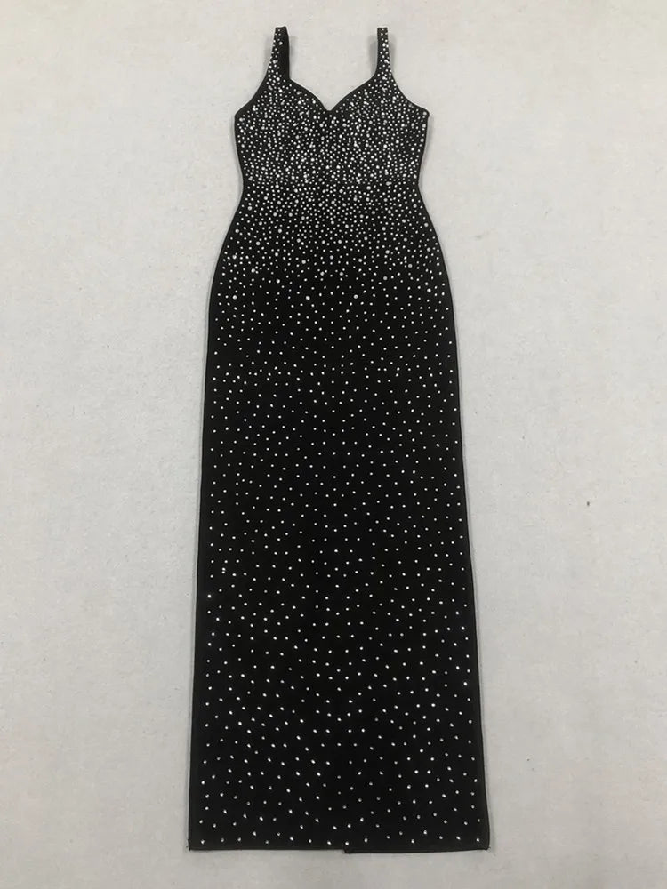 New Women Sexy V Neck Diamonds Beading Black Maxi Long Celebrity Bodycon Bandage Dress 2025 Elegant Evening Club Party Dress