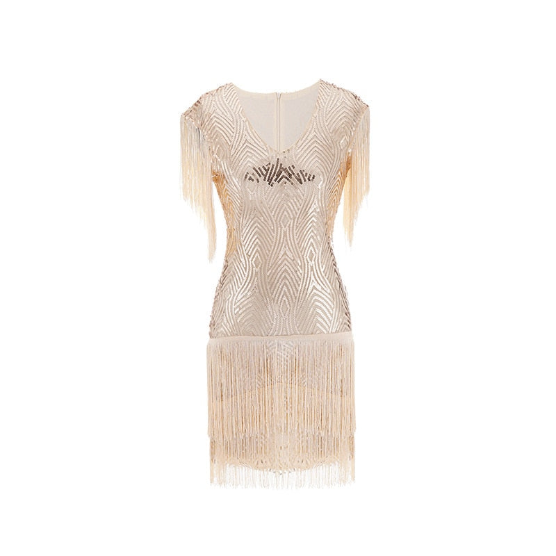 Summer Dress For Women 1920s Vintage Flapper Great Gatsby Fringe Beaded Dresses Prom Cocktail Prom Sequin Tassels Size S-3XL Apricot