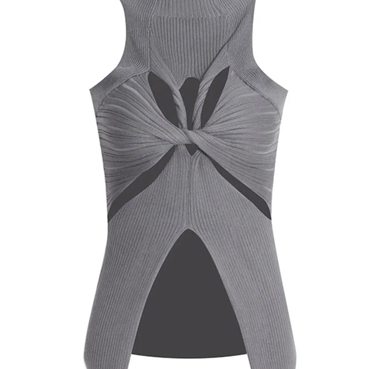 Solid Hollow Out Knitting Tank Tops For Women Turtleneck Sleeveless Off Shoulder Slim Vests Female Fashion Clothing