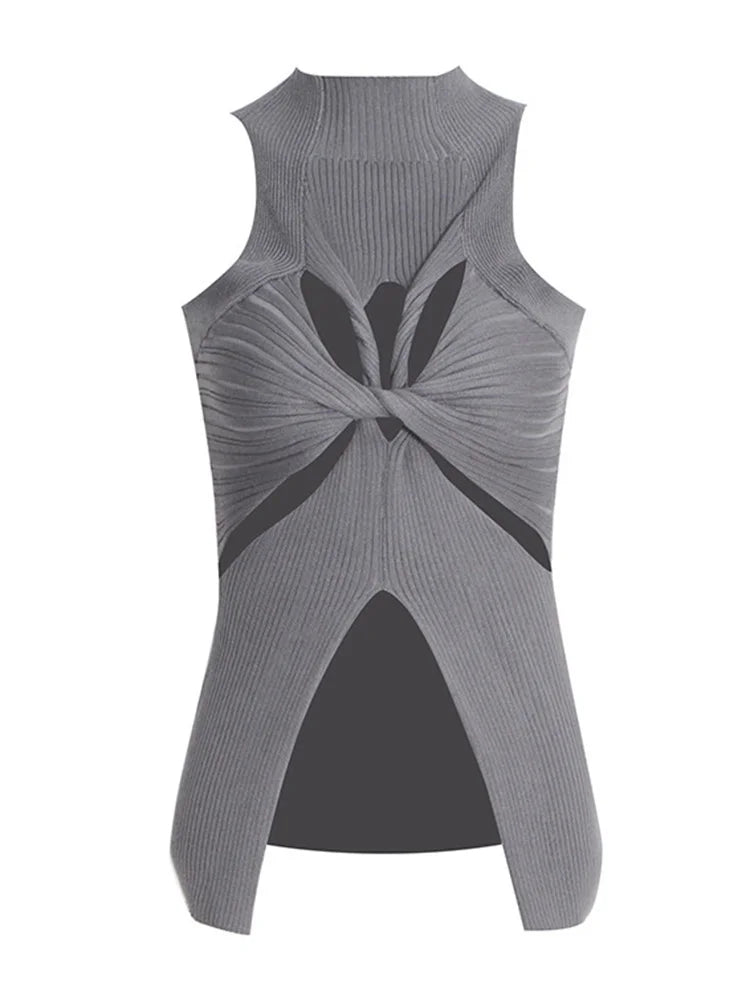 Solid Hollow Out Knitting Tank Tops For Women Turtleneck Sleeveless Off Shoulder Slim Vests Female Fashion Clothing