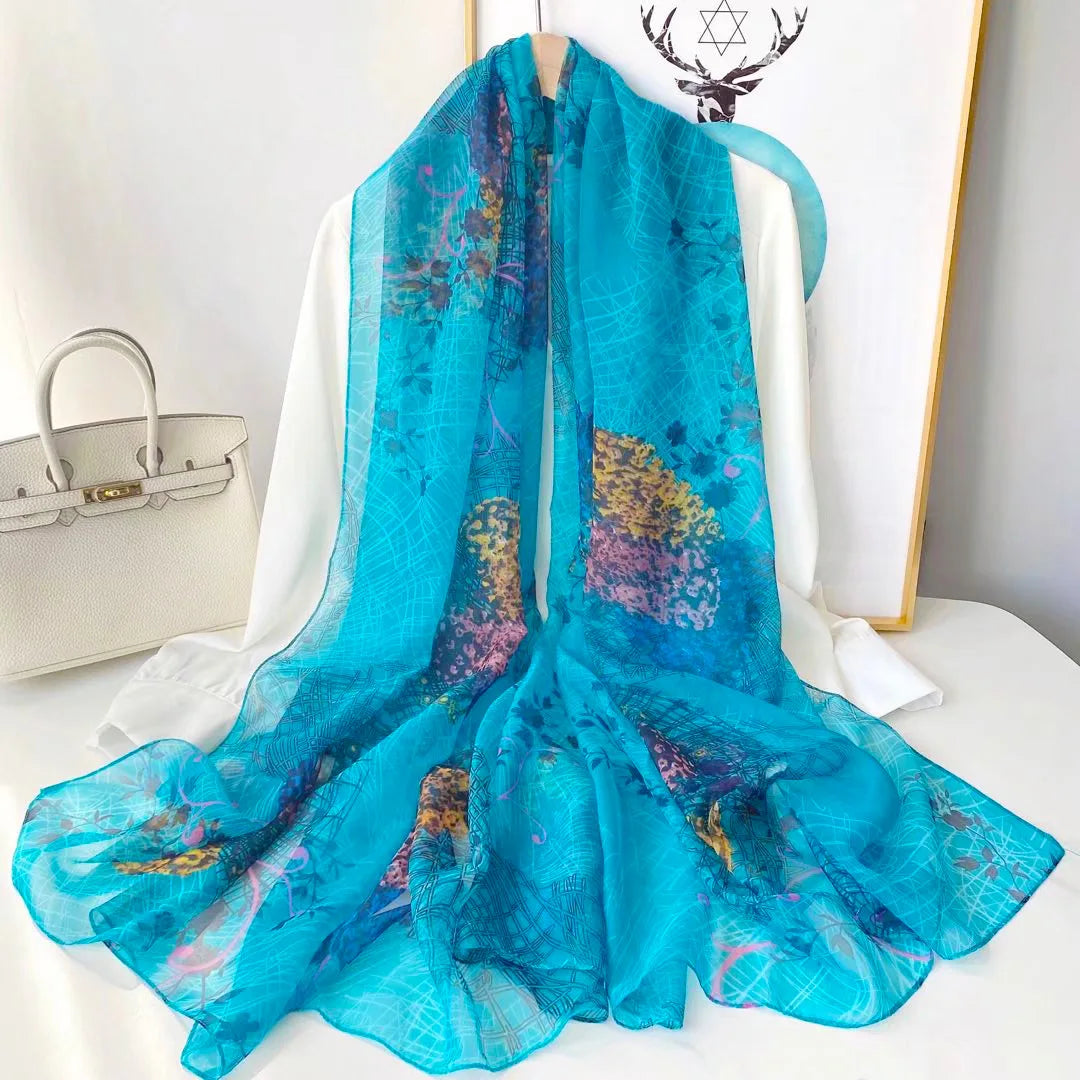 Print Silk Scarf Hijab Women Spring Deisgn Soft Beach Stoles Elegant Head Scarves Echarpe Shawl Satin Large Wrap Echarpe Bandana see chart 14