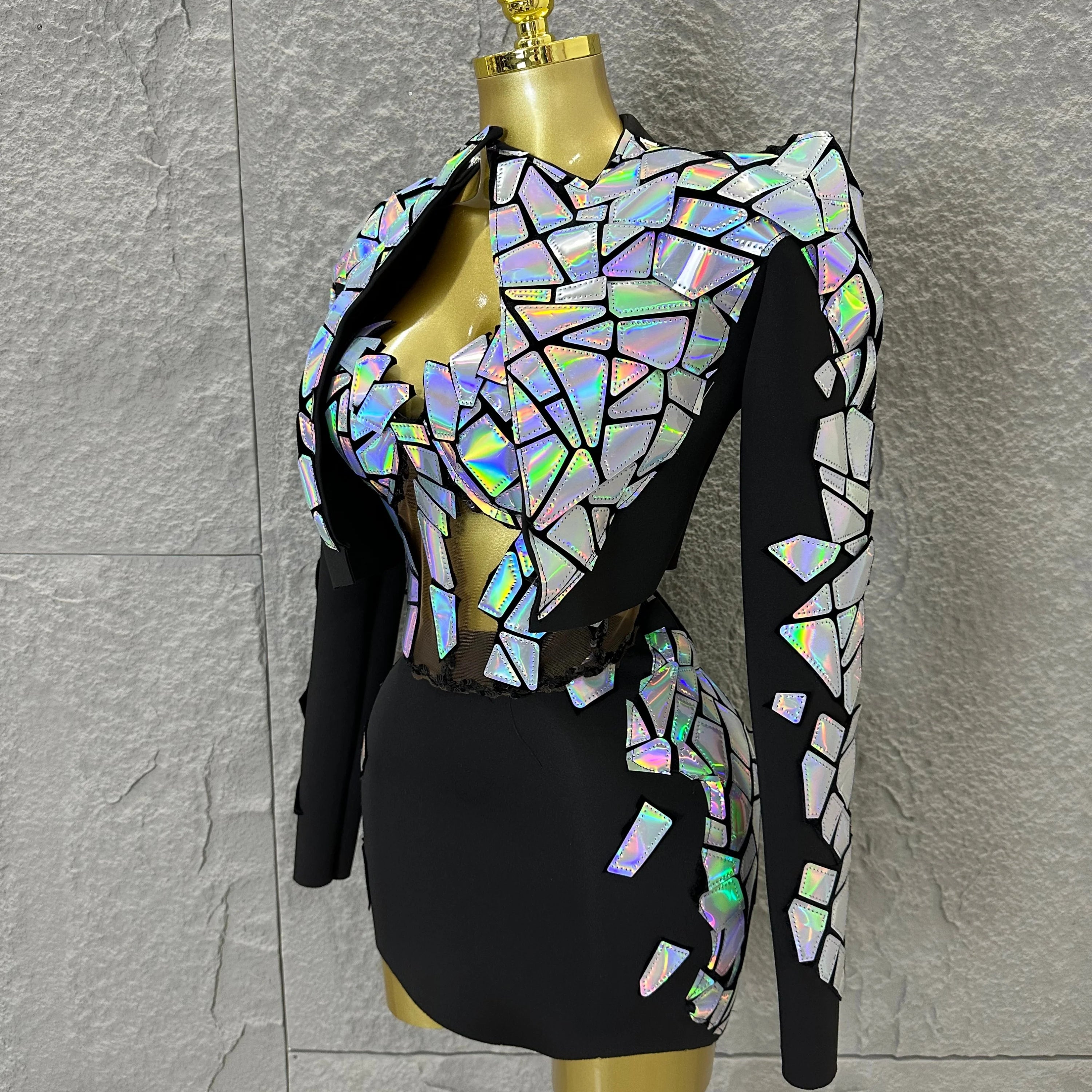 Edgy Black Luxury 3 Piece Set Women Mirror Reflective Patch Cropped Blazer Bralet Skirt Event Showmanship Performance Gown