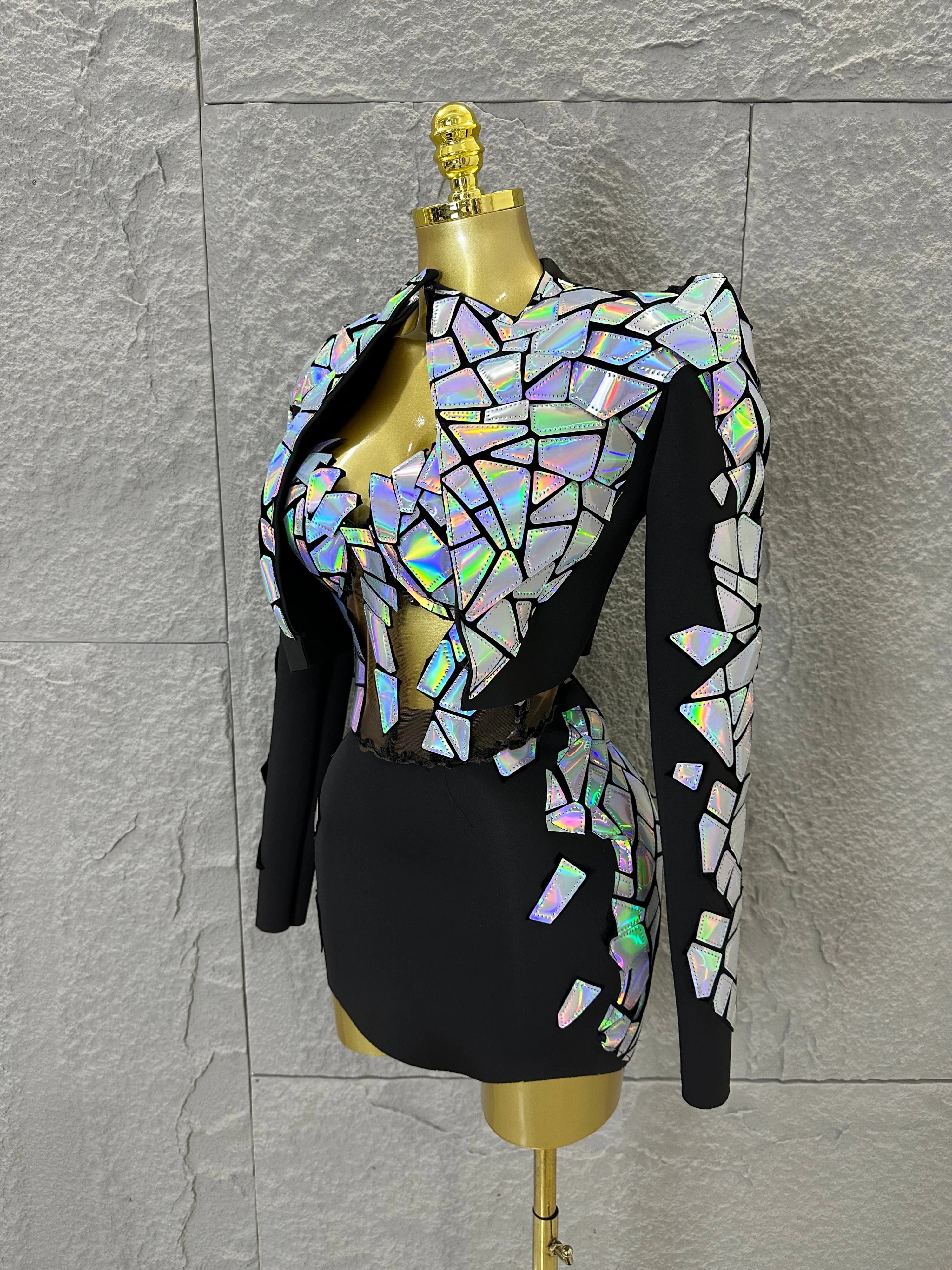 Edgy Black Luxury 3 Piece Set Women Mirror Reflective Patch Cropped Blazer Bralet Skirt Event Showmanship Performance Gown