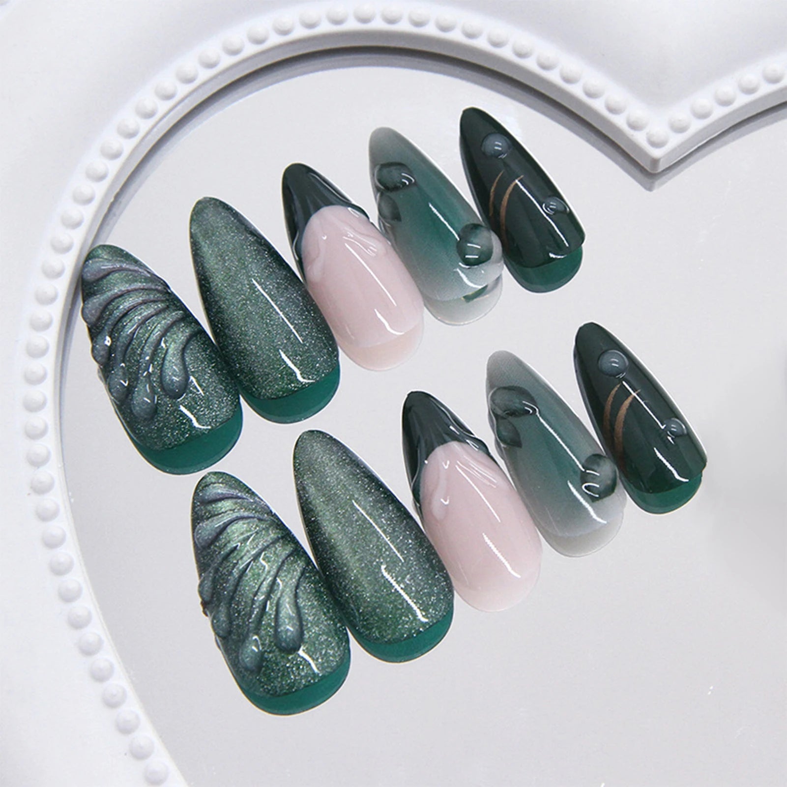 Glossy Green Fake Nails 24Pcs French Almond Press On Nails Fairy Star Printed Full Cover False Nails DIY Charm Manicure