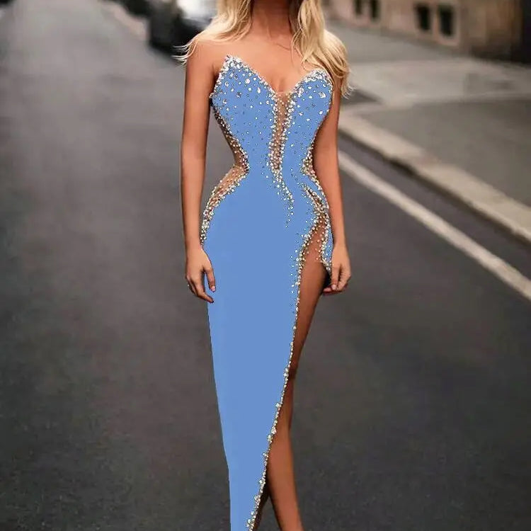White Pink Blue Color Women Sexy Strapless Shinning Crystal Bodycon Bandage Maxi Dress Celebrate Evening Party Outfit Vestido