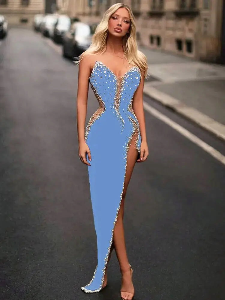 White Pink Blue Color Women Sexy Strapless Shinning Crystal Bodycon Bandage Maxi Dress Celebrate Evening Party Outfit Vestido