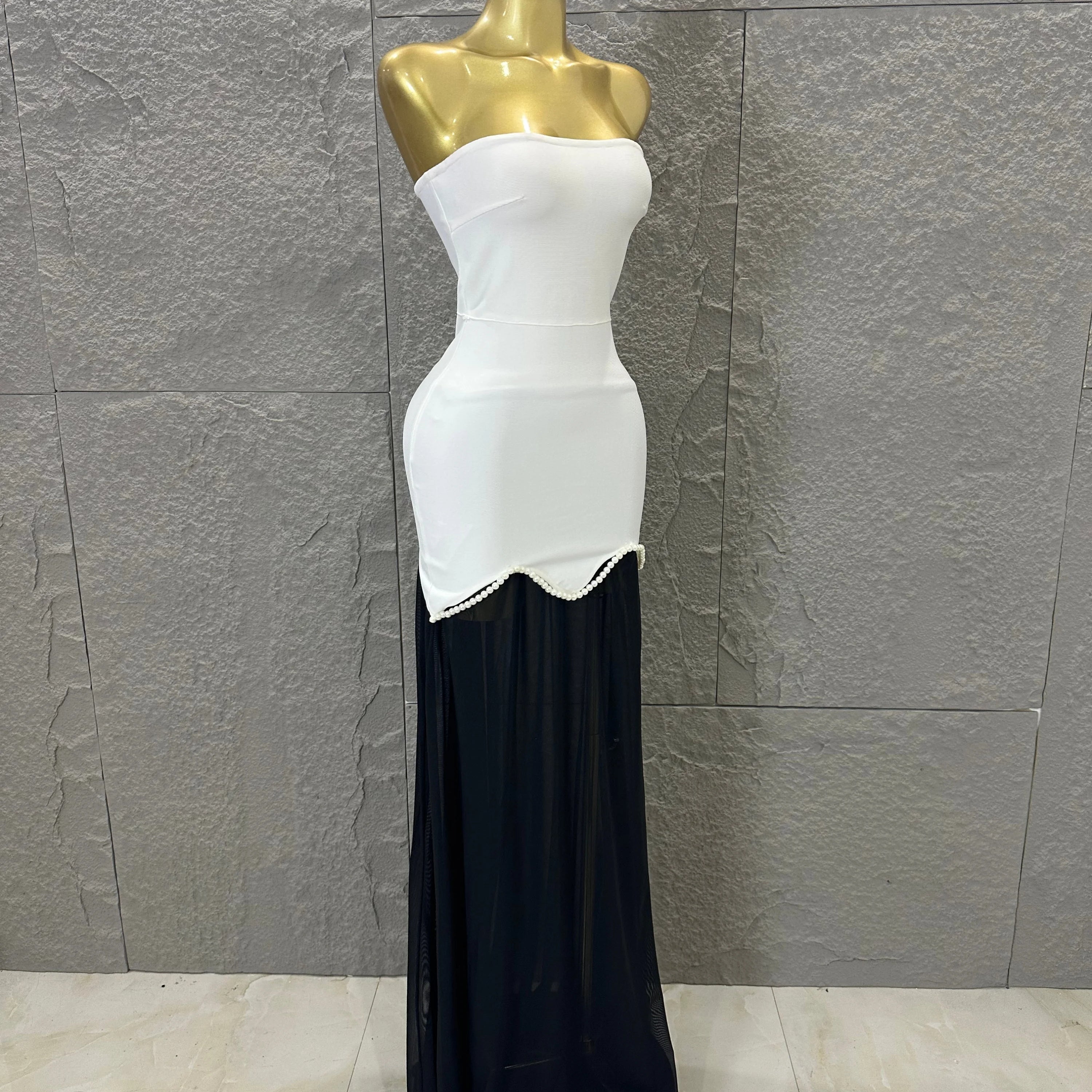 Sexy Black White Maxi Dress Women Sexy Strapless Pearl Embellished Sheer Tulle Bodycon Outfit Formal Event Evening Party Costume