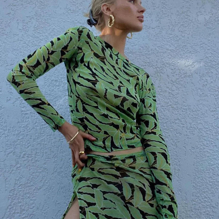 Clacive Bodycon Print Women's Dress Fashion Slim O-Neck Long Sleeve Mini Dress Elegant Classic Slit Party Dresses Female