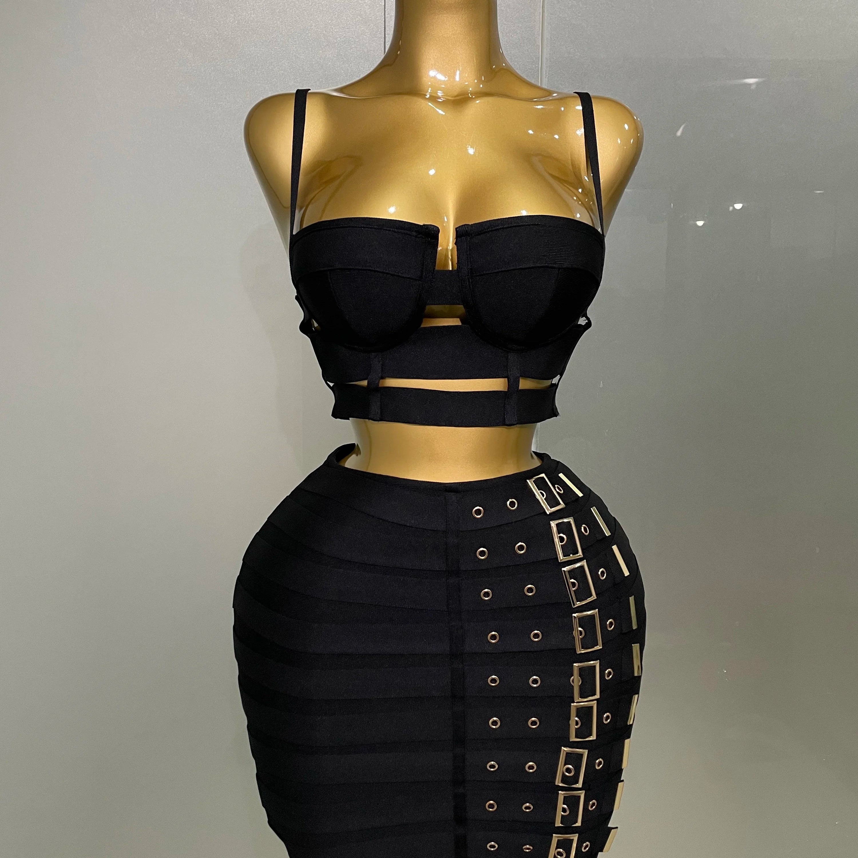 2025 Women Sexy Bandage Tops Fashion Pencil Skirts Set Nightclub Party Celebrate Women's Set black