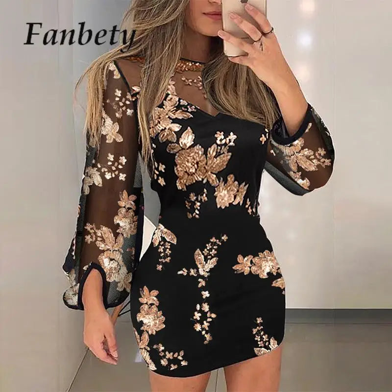 Vintage Floral Embroidery Mesh Slim Fit Party Dress Sexy See-through Lantern Sleeve Office Dresses Casual Women New Mini Dress