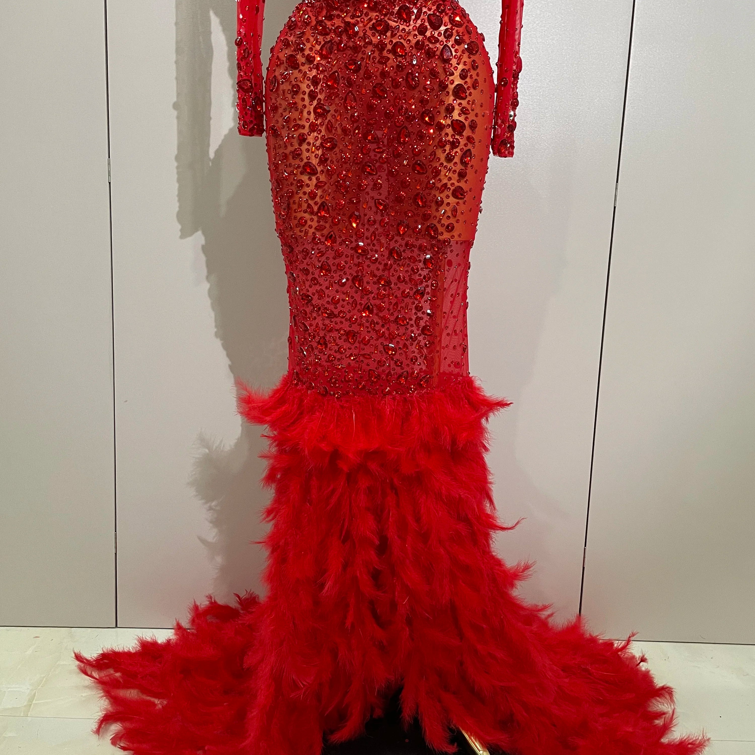 2025 New Sparkling Red Crystals Feathers Long Sleeve Mermaid Maxi Dress Women Wedding Celebrate Luxury Birthday Party Prom Gown