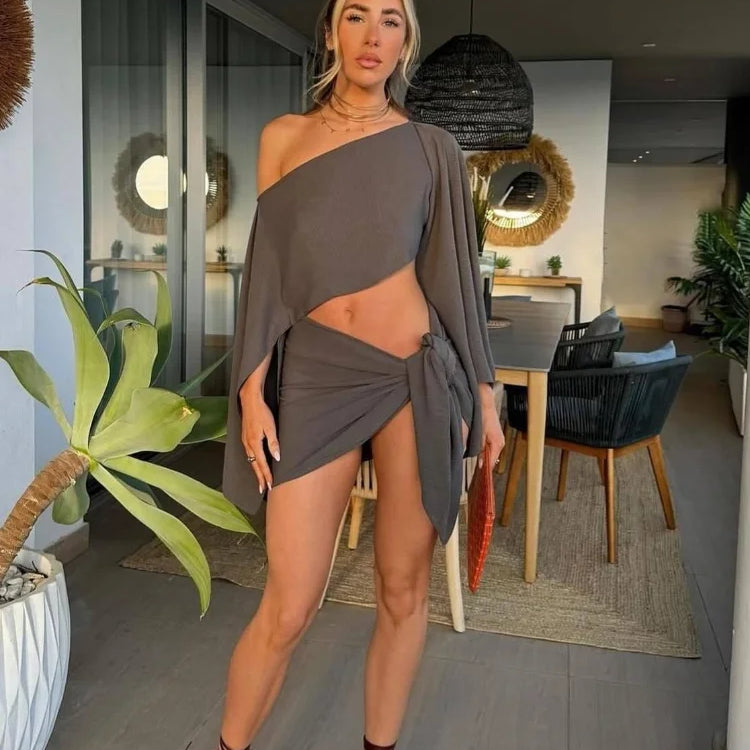 Women Cotton Linen Long Pagoda Sleeve Crop Top 2 Piece Set One Piece Twisted Knot Mini Skirt Suit Summer Lady Highstreet Outfits Turquoise