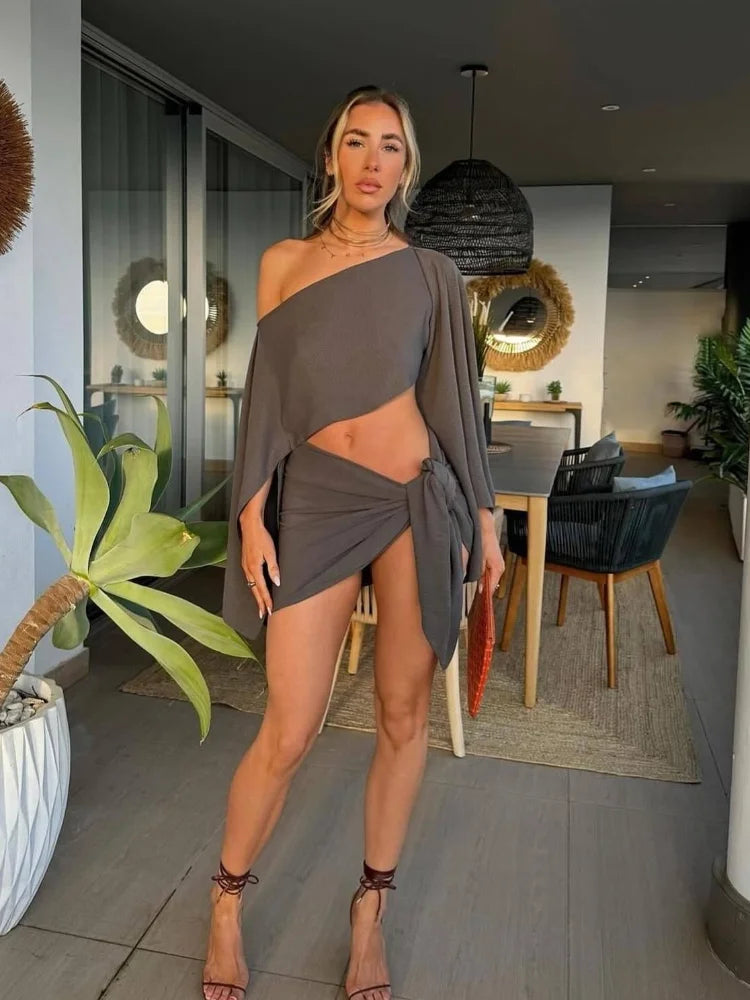 Women Cotton Linen Long Pagoda Sleeve Crop Top 2 Piece Set One Piece Twisted Knot Mini Skirt Suit Summer Lady Highstreet Outfits Turquoise