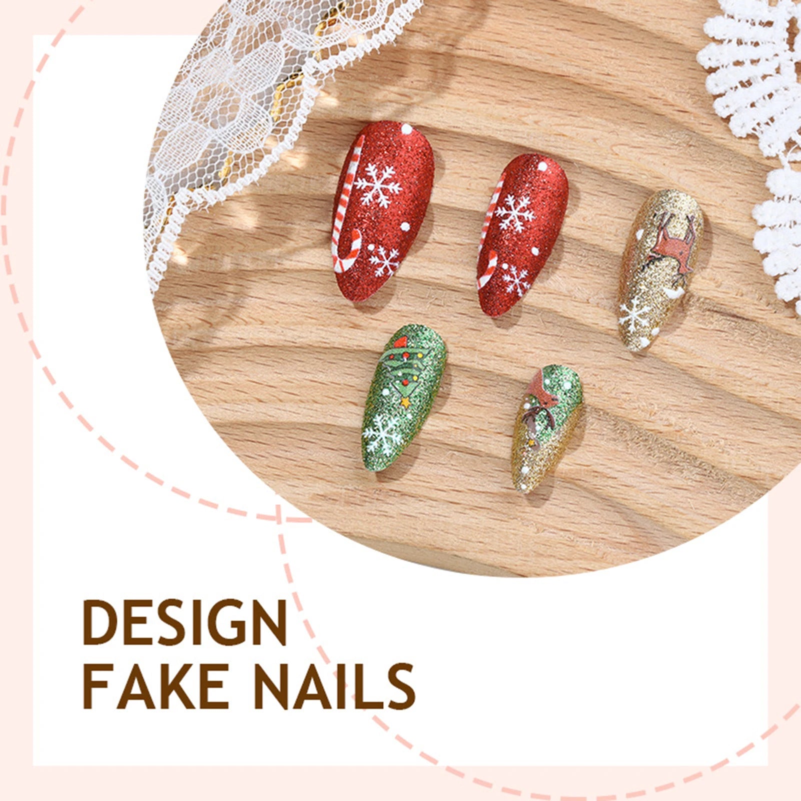 Christmas Party Almond Fake Nails 24Pcs Glossy Sequins Press On Nails Xmas Tree/Deer/Snowflake Printed Stick-on False Nails Art
