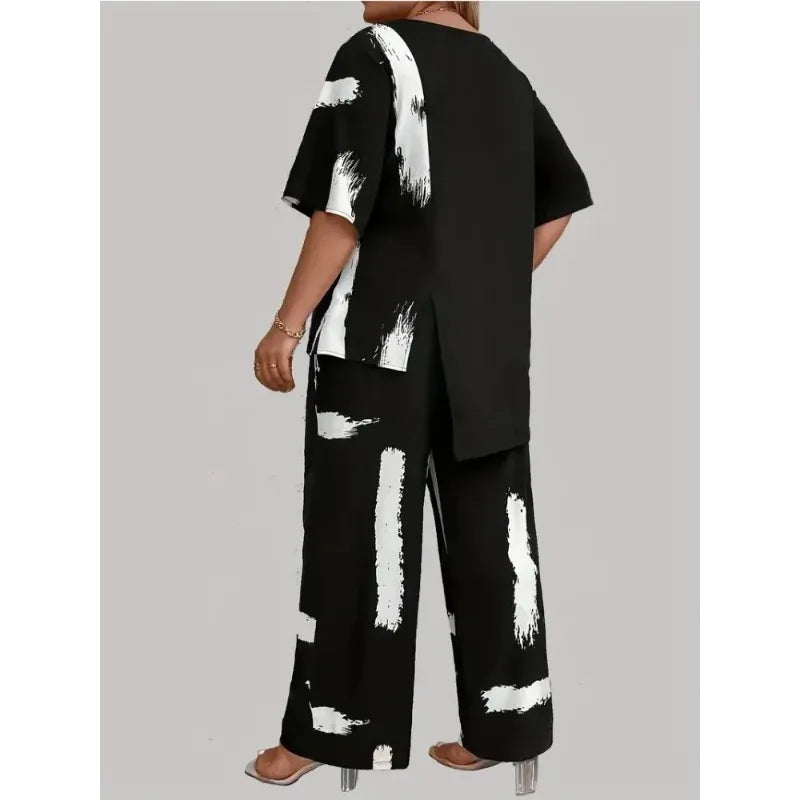 Plus Size Womens Brush Print Elegance Short Sleeve Round Neck Split Top & Matching Pants 2 Piece Outfit Set